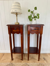 Load image into Gallery viewer, A pair of mahogany scalloped bedside tables
