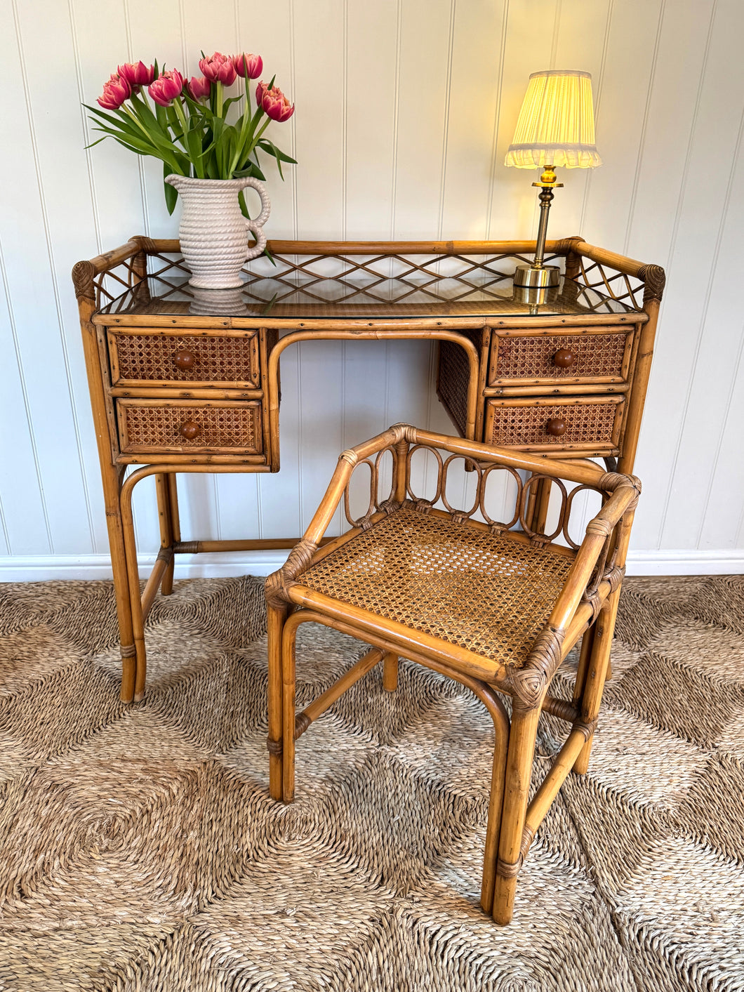 Vintage Angraves Style Bamboo and Rattan Desk and stool