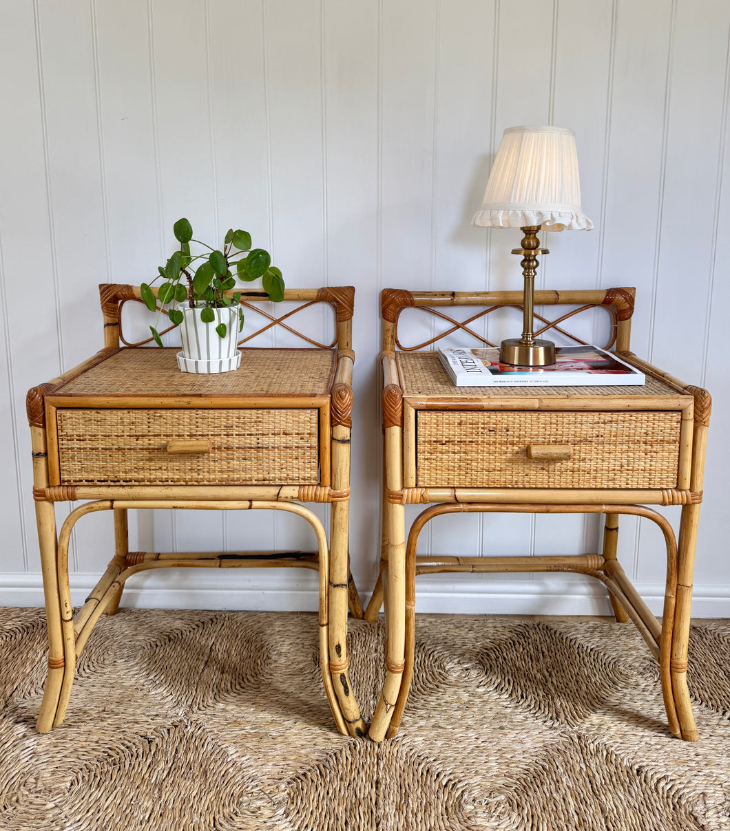 A pair of vintage rattan & bamboo bedsides
