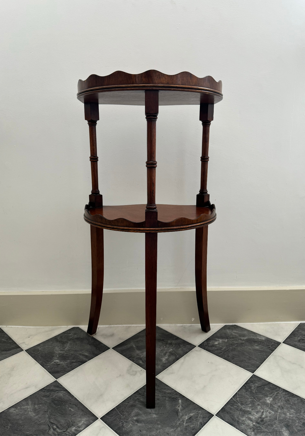 Lovely mahogany, scalloped,  etagere tiered side tables