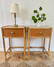 Load image into Gallery viewer, A Pair of Vintage Bamboo &amp; Cane Bedside Tables with Glass Tops
