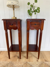 Load image into Gallery viewer, A pair of mahogany scalloped bedside tables
