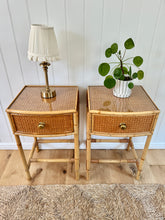 Load image into Gallery viewer, A Pair of Vintage Bamboo &amp; Cane Bedside Tables with Glass Tops
