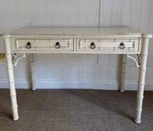 Load image into Gallery viewer, Vintage Faux Bamboo Chippendale Desk in Distressed Cream Finish

