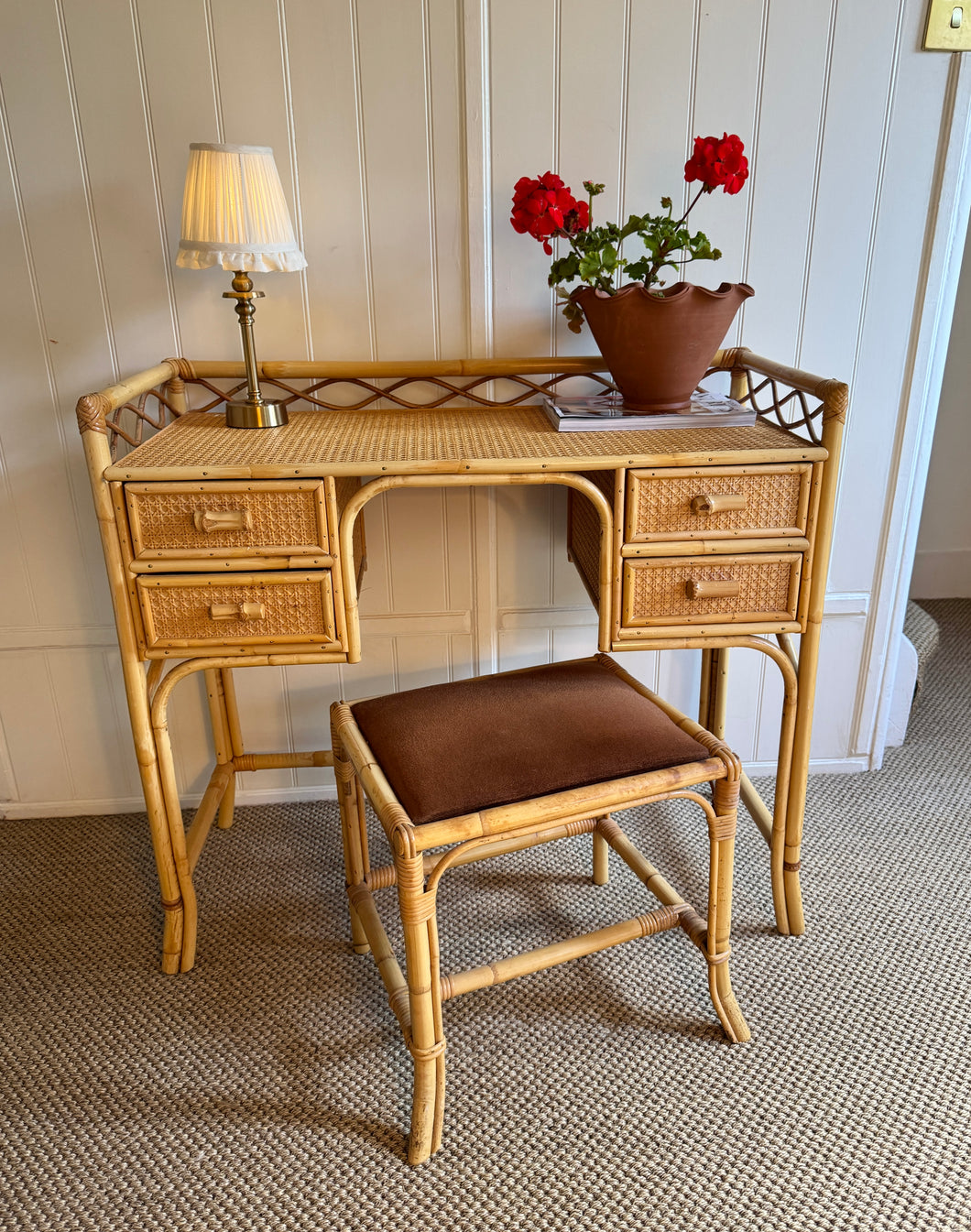 Vintage Rattan Writing Desk/Dressing Table & Stool