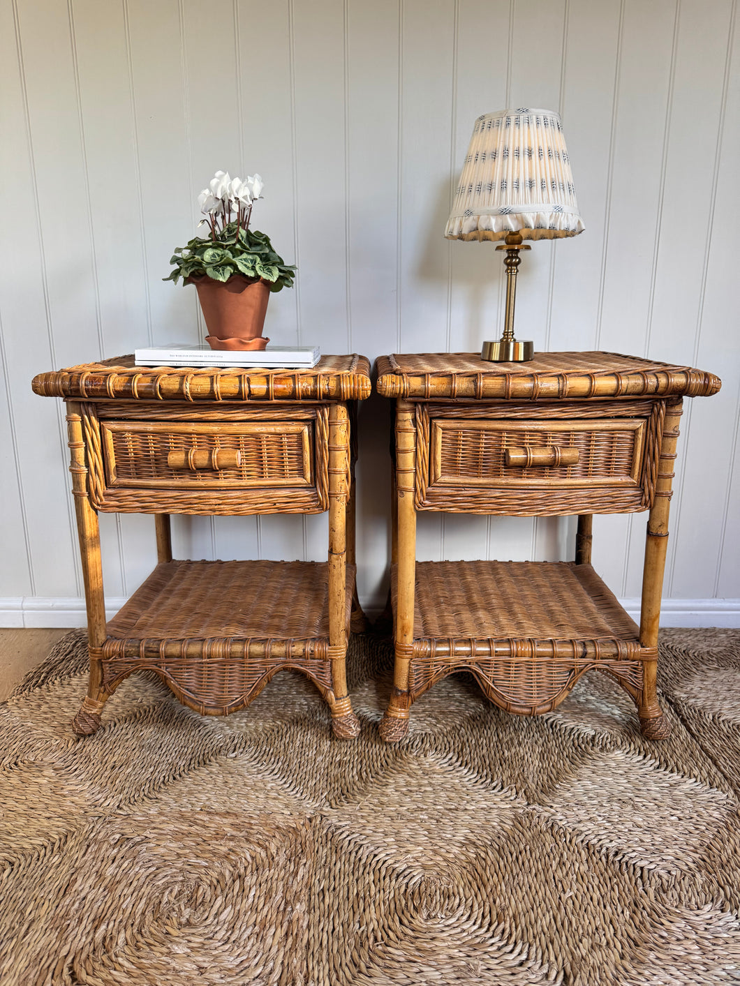 Vintage wicker and faux bamboo bedside tables